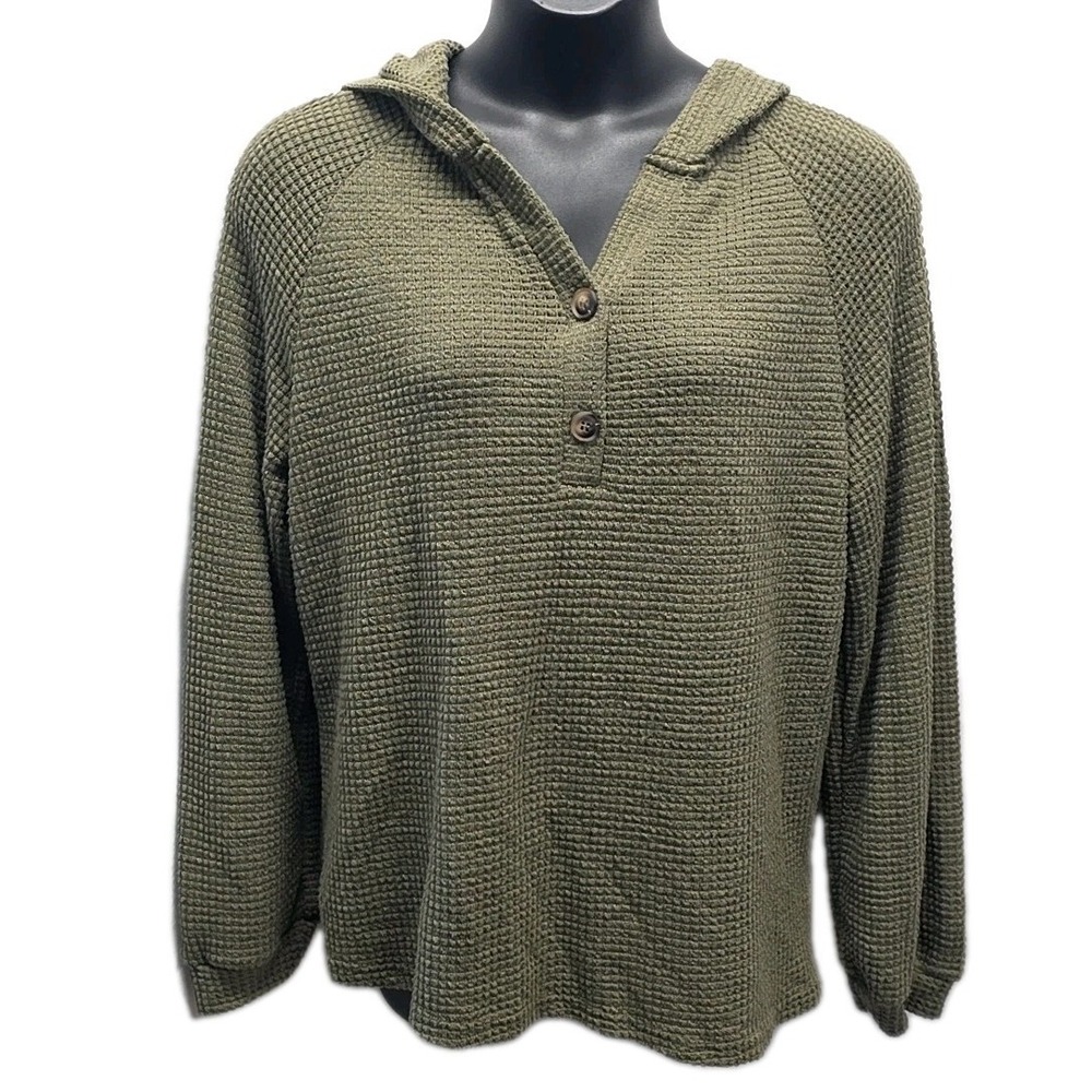Dokotoo‎ Olive Waffle Knit Hooded Henley Pullover Top sz XL Cozy Cabincore Boho
